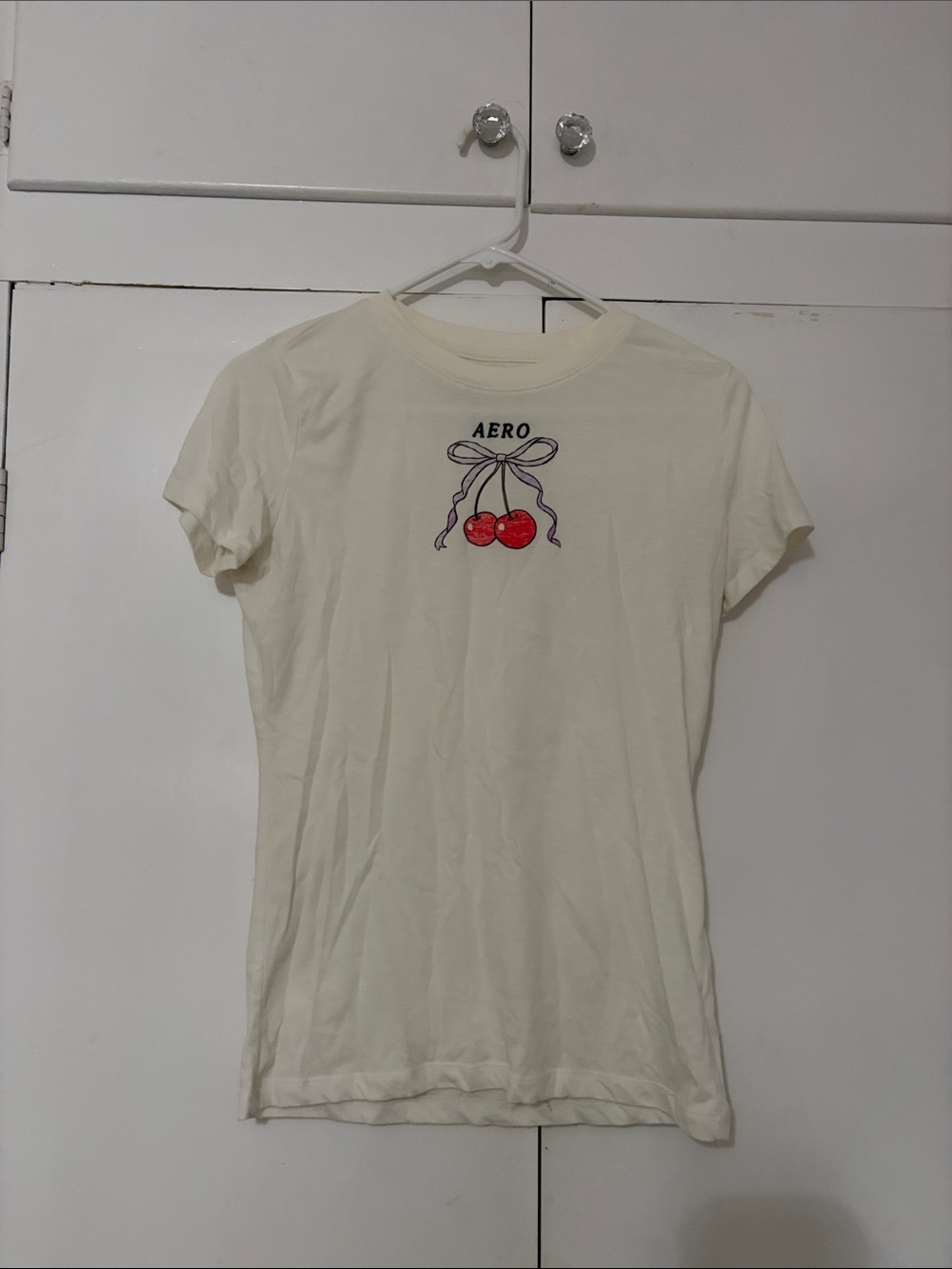 Aeropostale Cream Short Sleeve Tee with Red Cherry Graphic